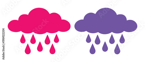 Nubes de lluvia coloridas, iconos de clima lluvioso en rosa y morado, ilustración vectorial plana para diseño infantil y pronóstico del tiempo