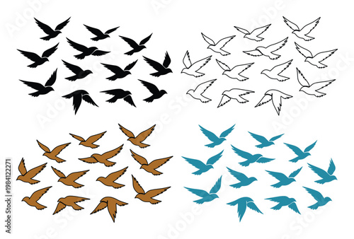 Siluetas de aves volando, conjunto de pájaros en vuelo, colección de vectores de aves migratorias, diseño de elementos naturales y libertad
