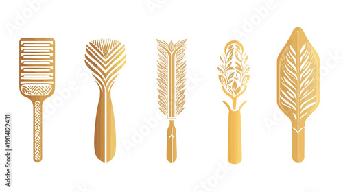 A collection of five abstract golden decorative elements, against a stark white backdrop