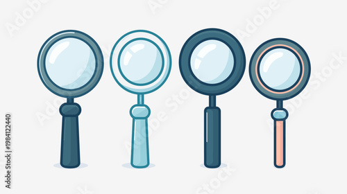 Four cartoon magnifying glasses in various colors stand in a neat row on white