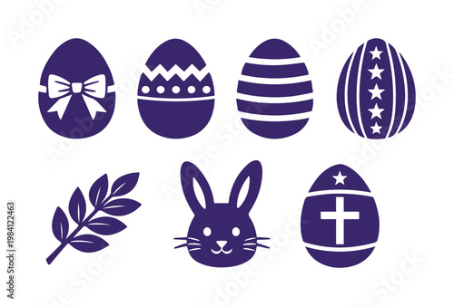 Photos Iconos vectoriales de Pascua, colección de huevos de Pascua decorados y conejo, símbolos religiosos y de primavera, diseño plano y moderno para celebraciones festivas