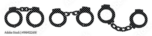 Black Handcuffs Vector Set. Three Distinct Handcuff Designs, Metal Chains, Law Enforcement, Crime, Justice, and Security Concepts, Isolated on White Background