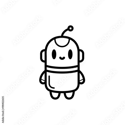 Cute robot cartoon character, simple line art, isolated on white background, futuristic concept