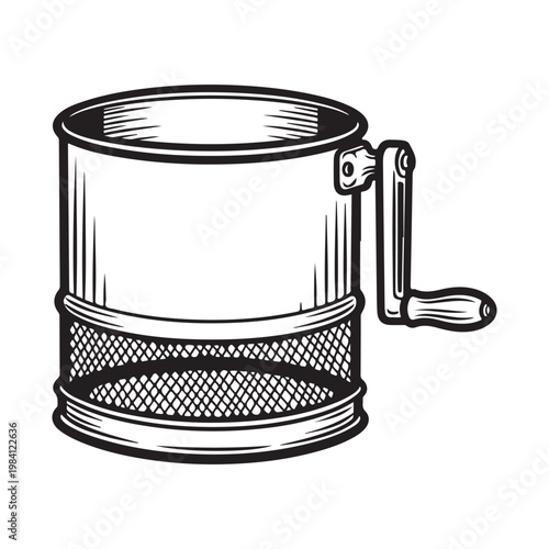 Black and white illustration of a manual food mill isolated on white background