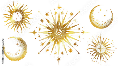 Golden celestial bodies in watercolor style, sun, moon, stars on white background