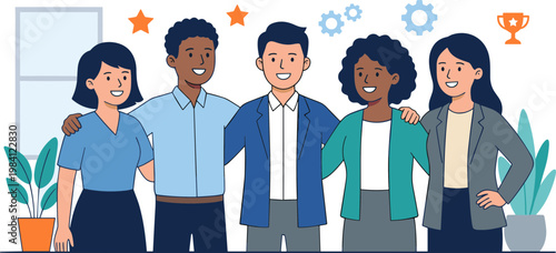 Diverse group of people standing together in an office setting smiling