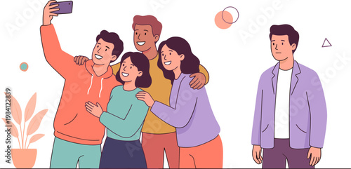 Group of friends taking selfie with one person standing alone nearby indoors