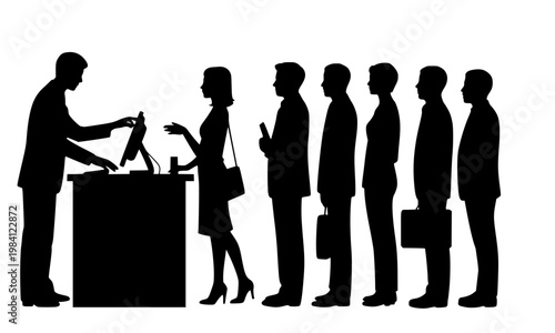 Black silhouette of people standing in queue at a checkout counter with cashier, a business and retail concept vector illustration for supermarket, shop and customer service design