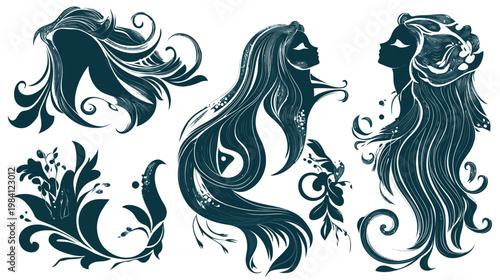 Silhouettes of women with flowing hair and floral elements, in a teal and white palette