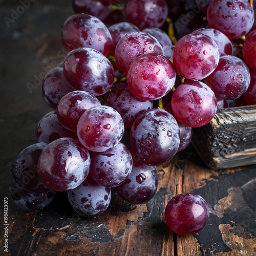 A close-up shot of a cluster of ripe, juicy, red grapes