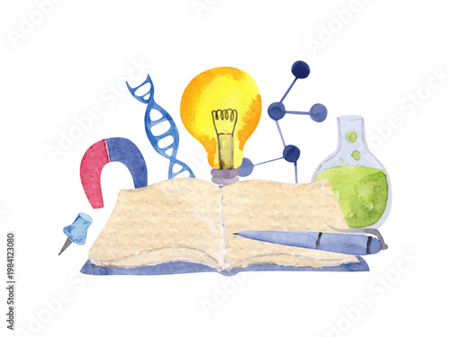 Book with lamp bulb, dna, molecula and flask.  School, university, college or science concept. Hand painted vector illustration.