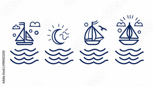 Simple line art icons depict boats and the moon, set on stylized wavy sea