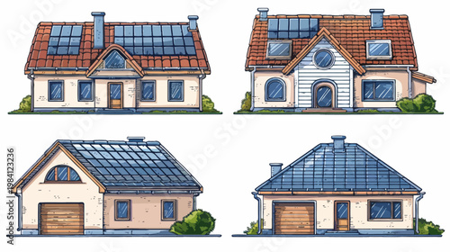 Four cartoon houses with solar panels, each with different roofs and architectural styles