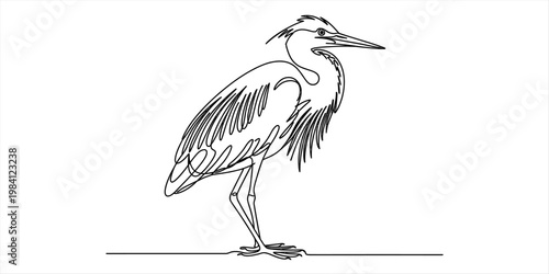 Minimalist continuous line art drawing of a majestic heron standing on a flat surface Vector, illustration