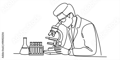 Continuous line drawing of a scientist looking through a microscope in a laboratory Vector, illustration