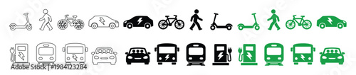 Modern Transportation Icons Set, diverse mobility symbols for urban planning and eco-friendly travel, including cars, bikes, scooters, pedestrians, buses, trains, and charging stations