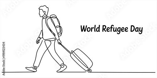 World refugee day illustration with a person walking and carrying luggage in continuous line art Vector, illustration