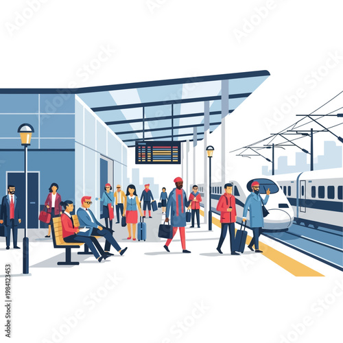 Diverse people waiting for modern high-speed train at contemporary railway station platform