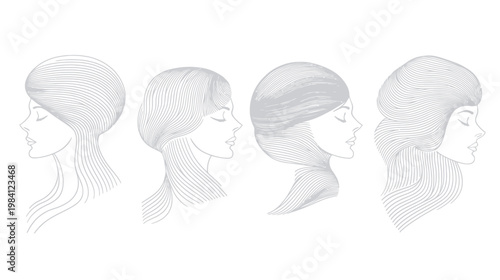 Four minimalist illustrations of women's profiles with detailed wavy hairstyles in profile