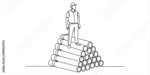 A man in a cap standing on top of a stack of industrial pipes in a continuous line art style Vector, illustration