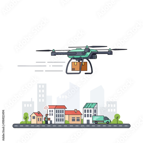 Drone delivery over city skyline with buildings and delivery van