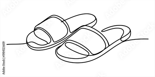 Continuous line drawing of a pair of comfortable summer slippers or flip flops on a white background Vector, illustration