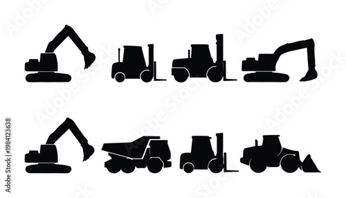 Heavy construction machinery vector icons, industrial equipment silhouettes, black diggers and forklifts, essential building site vehicles for engineering and development projects