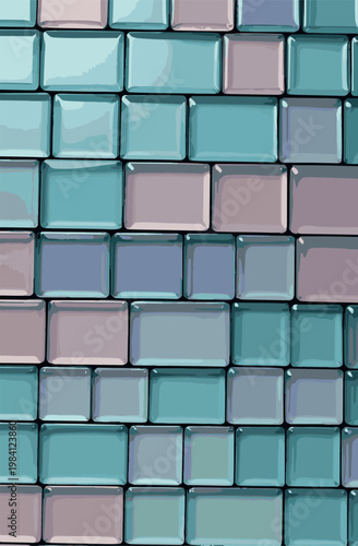 Abstract background of glossy aquamarine and lavender glass tiles in a mosaic wall pattern.