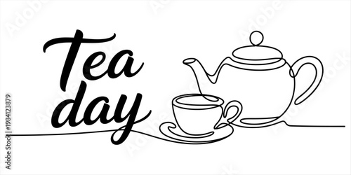 Continuous line drawing of a teapot and teacup with tea day text on white background Vector, illustration