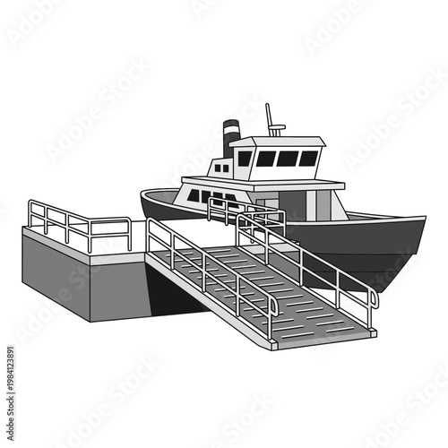 Ferry boat docked at pier with ramp for boarding, transportation, maritime