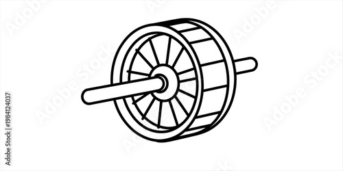A simple line drawing of a mechanical wheel with spokes mounted on a central axle. Vector, illustration