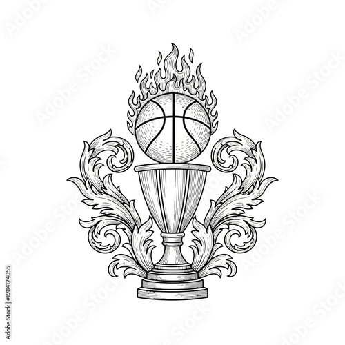 Fotografie Flaming Basketball Trophy with Ornate Scrollwork Emblem, Victory Symbol