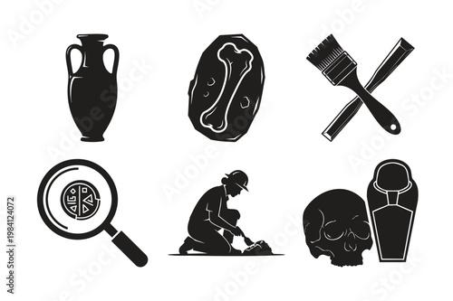 Archaeology history silhouette set bundle ancient research elements.