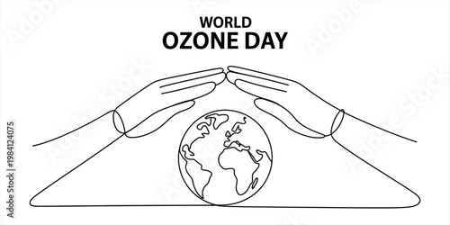 Continuous line drawing of hands shielding the planet earth for world ozone day celebration Vector, illustration