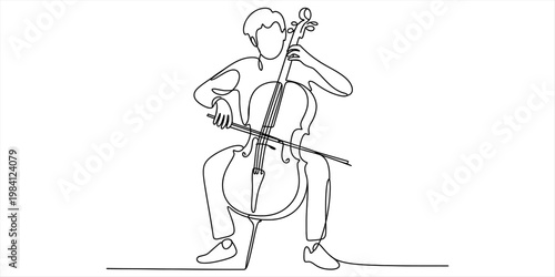 Minimalist continuous line drawing of a musician playing the cello with a bow Vector, illustration