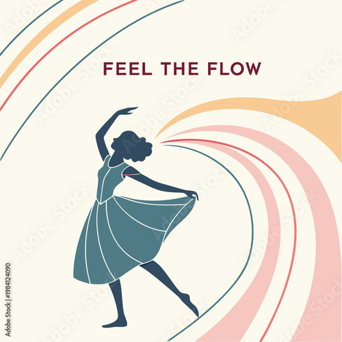 Woman dancer silhouette with colorful swirling fabric, conveying motion and elegance.