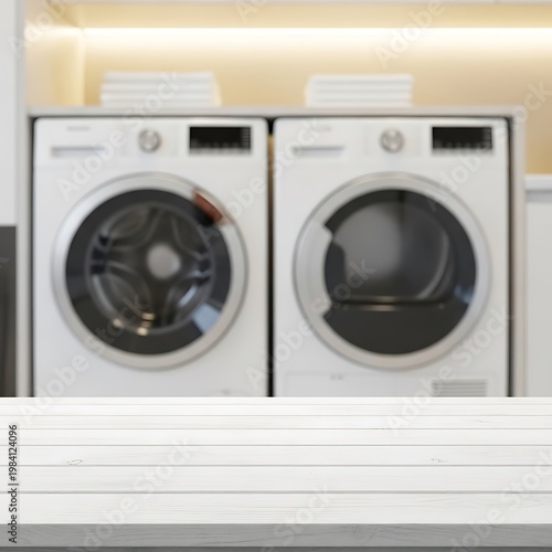 Modern Laundry Room with White Washer and Dryer.