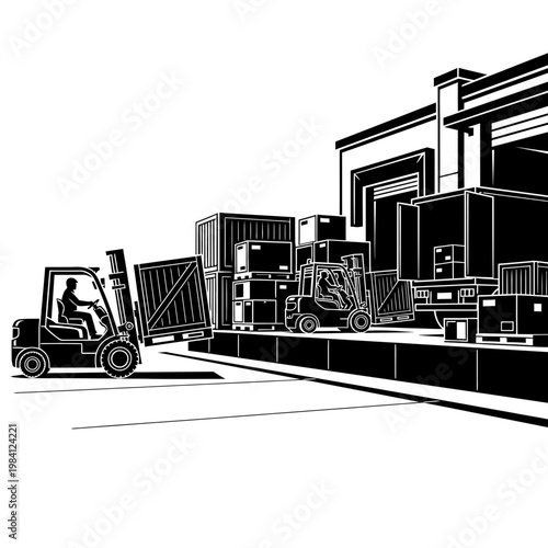 Forklifts Loading Cargo Containers at Warehouse Loading Dock