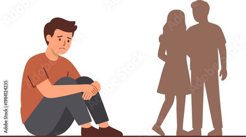 A man sits alone on the ground while a couple stands nearby.