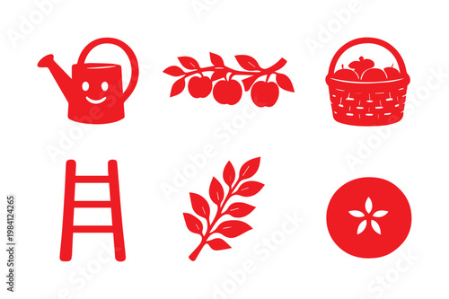 Iconos de cosecha de manzanas, conjunto de vectores planos rojos, elementos esenciales de jardinería y agricultura, diseño gráfico moderno para proyectos de temporada