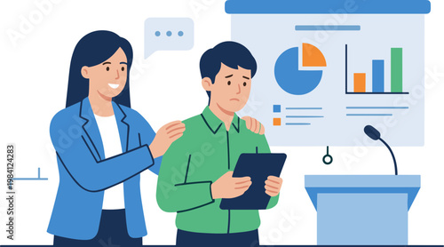 Business colleagues discuss data on a tablet at a presentation podium