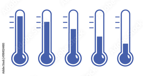 Temperature gauge vector icons, five blue thermometer illustrations, heat level indicators, climate measurement graphics for weather apps and scientific data.