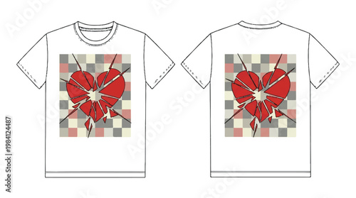 White t-shirt mockup with a graphic of a cracked red heart pierced by arrows t shirt broken heart apparel design casual wear clothing valentines