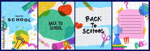 Back to school cards set. Simple flat style with texture. Education icons, symbols, doodles. Background, vouchey, flyer set. Art collage, papers, hand drawn design elements. Bright colorful school sub