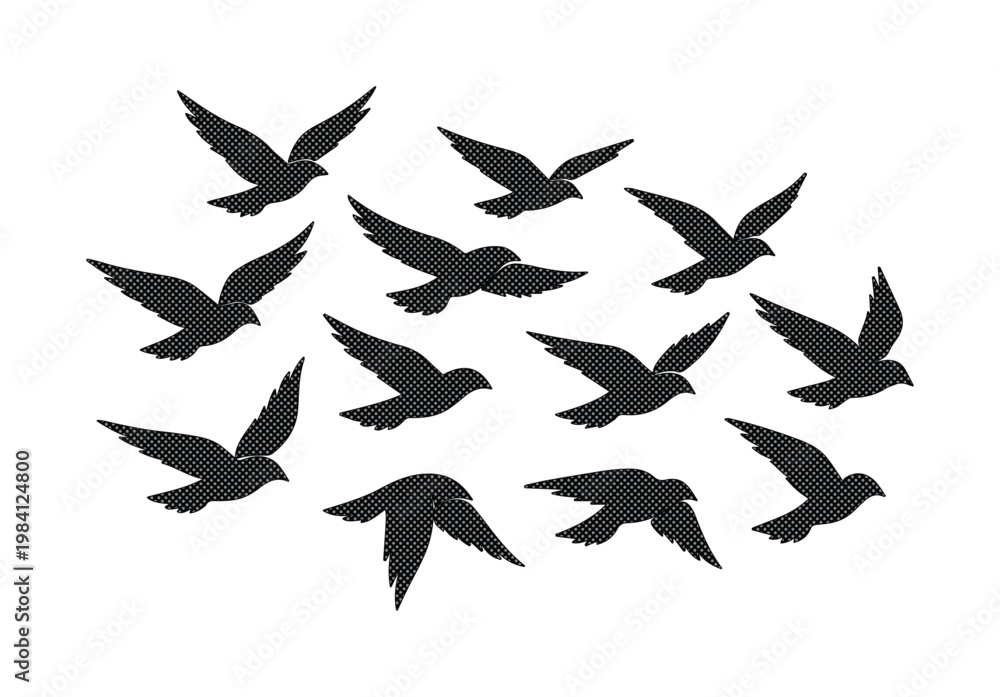 Obraz premium Flock of black birds flying, a group of dark silhouettes in motion, avian wildlife vector illustration, freedom and nature concept for design projects.