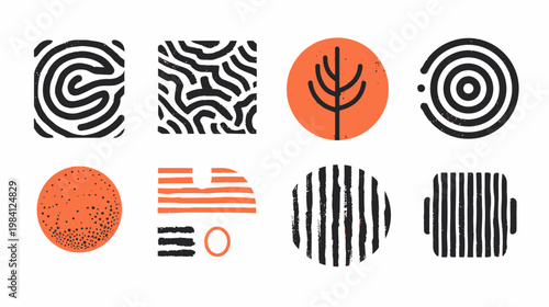 Eight abstract graphic elements with lines, circles, and organic shapes on white