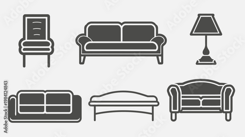 Six interior icons two sofas, a chair, an ottoman, a side chair and a lamp