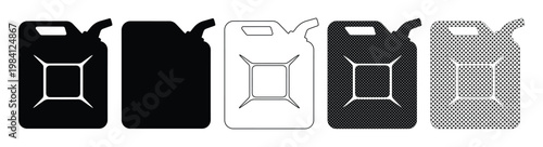 ガソリン携行缶のアイコンセット、5種類の異なるスタイルで描かれた燃料タンクのベクター素材、フラットデザインとアウトライン形式のジェリカン、エネルギーや自動車メンテナンス用のグラフィック素材