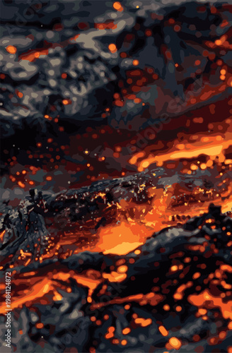 Abstract background of flowing volcanic lava with glowing amber sparks