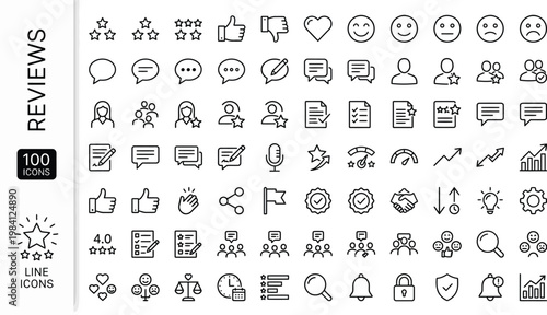 A collection of 100 line icons depicting various review and rating concepts, including stars, thumbs up, and speech bubbles. AI, eps, png, jpg. transparent background.